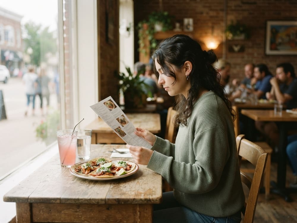 A diner reading a printed menu at a table with tacos and an agua fresca