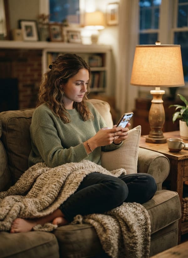 A woman wrapped in a knitted throw on her sofa, scrolling a restaurant menu on her phone by lamplight