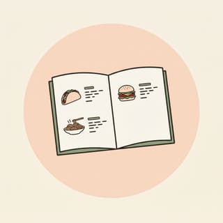 Illustration of an open restaurant menu with tacos, pasta and a burger