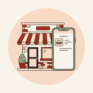 Illustration of a small restaurant storefront next to a phone showing its menu page