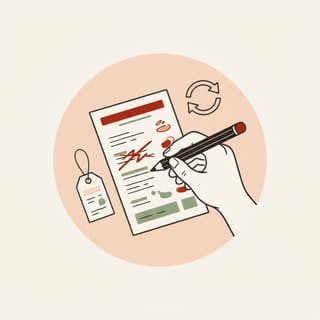 Illustration of a hand editing a printed menu card with a pencil