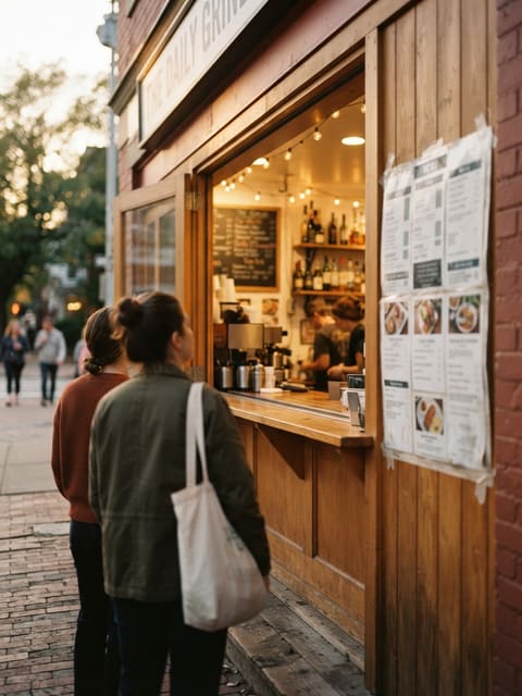Customers waiting at a food stand's ordering window, with a printed menu board taped up beside it