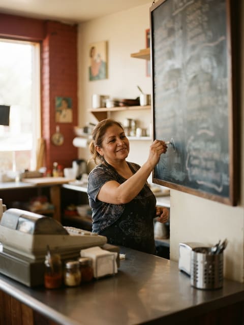A taqueria owner smiling as she chalks a new dish onto the menu board behind her counter